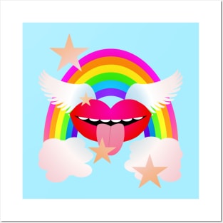 Groovy Winged Lips, Rainbow & Stars - RED Posters and Art